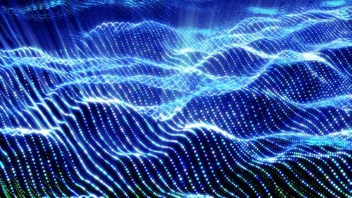 Abstract bright glowing blue waves and lines from particles and dots in the form of a field