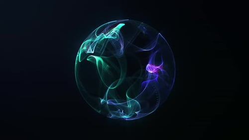 Futuristic blue and green fractal energy sphere appearing from darkness with flowing luminous waves