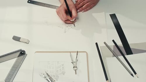 Architectural Designer Drawing Building Sketch with Pencil