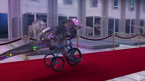 Diamond Dino fait du vélo sur fond de squelettes de dinosaures. Musée du tapis rouge à Outer