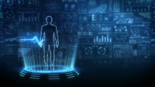 Man Virtual Body. Human Medical Hologram Animation. Graph, Diagram, Infographic. Medicine And Health