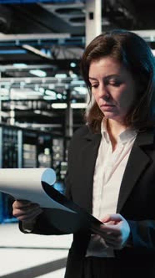 Lectura vertical de vídeos, papeleo, estructura alámbrica azul, malla y administración en el centro de datos