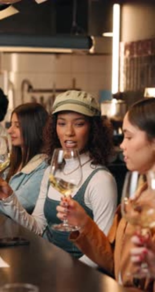 Friends, laugh and people in pub, wine tasting and happy with alcohol on break and social gathering