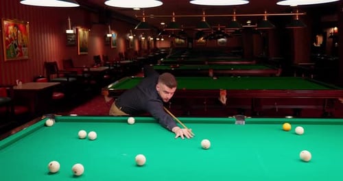 Man Plays Billiards in Dark, Atmospheric Pool Room