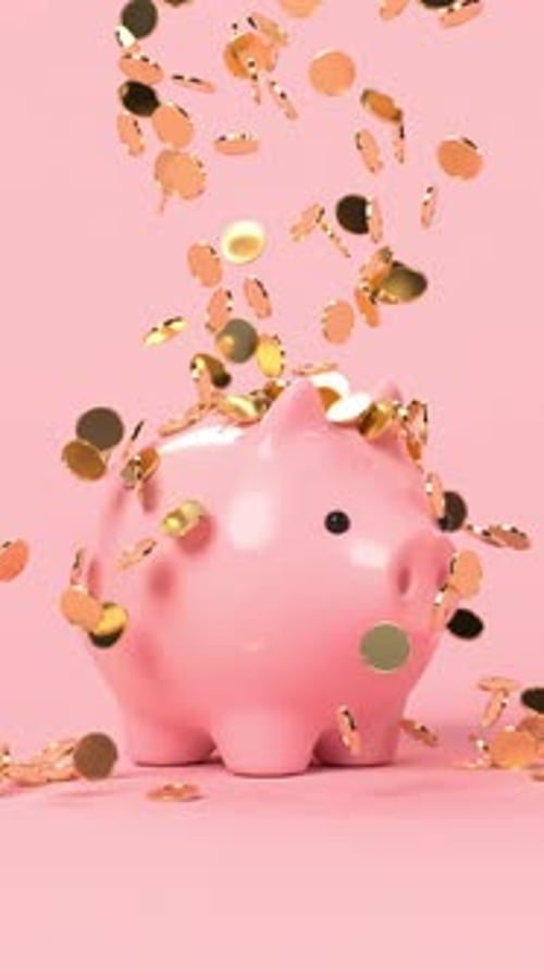 Golden coins raining down on a pink piggy bank.