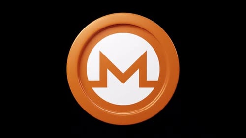 Monero XMR coin con rotación 3D de 360 grados en negro, gran token de criptomoneda, bucle sin fisuras