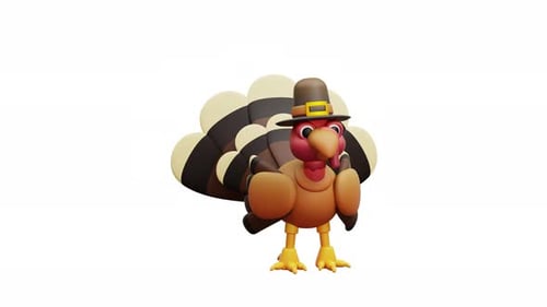 3d Animation Turkey Pilgrim Hat Thanksgiving Holiday Festive Cartoon