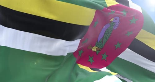 Realistic Waving Flag of Dominica with Sun Flares