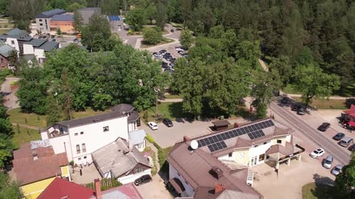 Aerial view of the city of Sigulda, located in a green park. The parish is surrounded by well-mainta