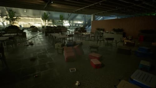 Inside an Abandoned Airport Terminal with Scattered Debris and Dim Lighting