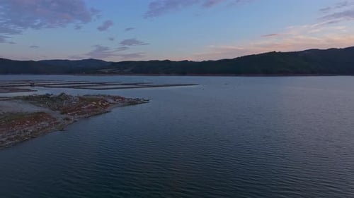 Aerial view of kardzhali reservoir at sunset, Bulgaria.