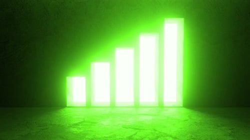 Glowing green bar chart increasing on dark background