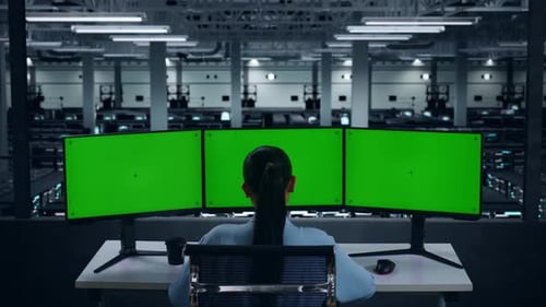 Mujer asiática trabajando con una maqueta de monitor de computadora múltiple en un centro de datos