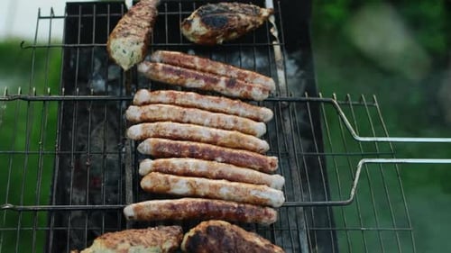 Food on Grill Bbq Food Sausages are Fried on the Grill