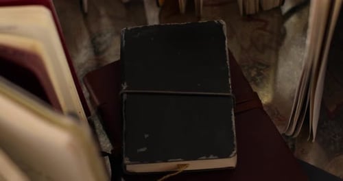 Handheld moving close-up shot of an old notebook
