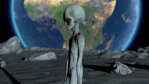 Scary Gray Alien Stands on the Moon and Looks