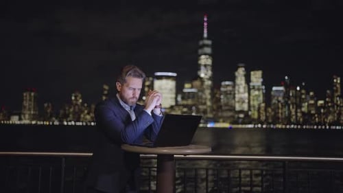 Serious Business Man on Night City Mature Man Work on Laptop Outdoor Businessman in Night Street