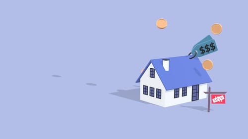 Animated Concept Showing Home Buying, Property Sale, And Real Estate Marketing With Copy Space.
