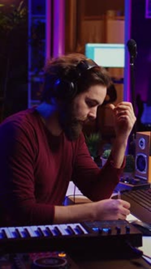 Vertical Video Musician Artist Taking Notes Composing New Song in His Home Studio