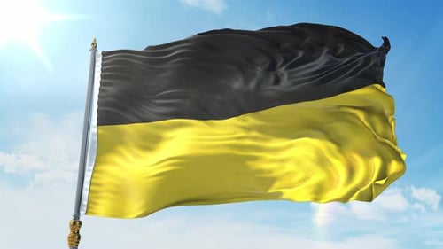 Realistic Black and Yellow Flag Waving in Blue Sky