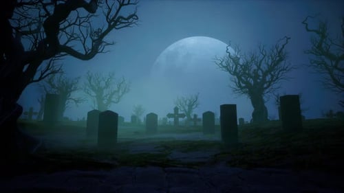 Spooky Cemetery with Tombstones and Bare Trees under Full Moon