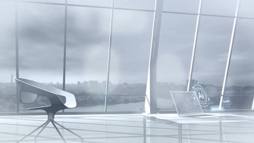 Holograma de inteligencia artificial en una oficina luminosa