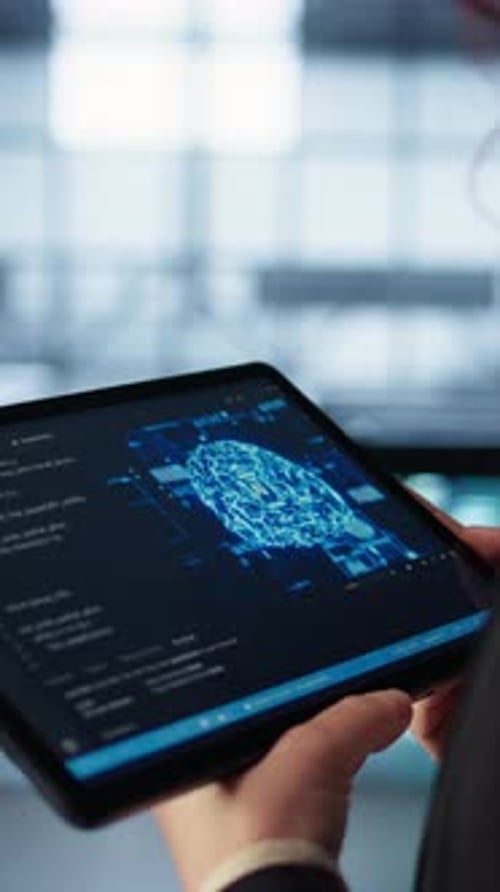 Vertical Video Data Center Technician Using Artificial Intelligence on Tablet Close Up
