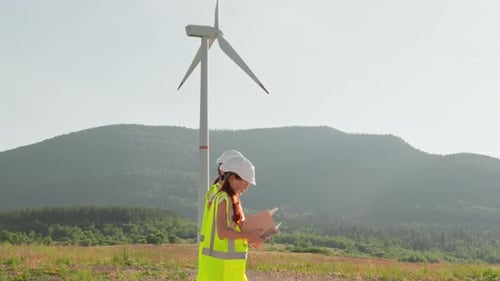 A Dedicated Young Engineer Diligently Inspects the Wind Turbine Site Ensuring Every Detail is