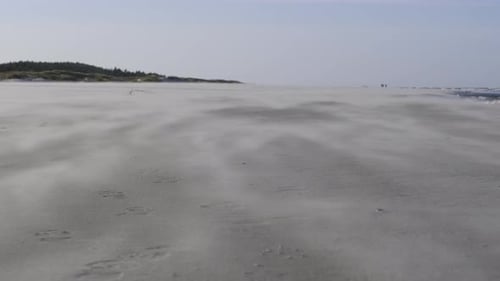Sand floating in the strong wind on the beach