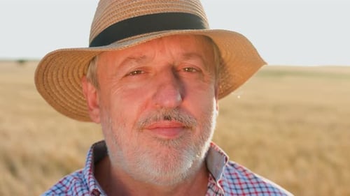 Senior Man in Straw Hat Standing in Wheat Field
