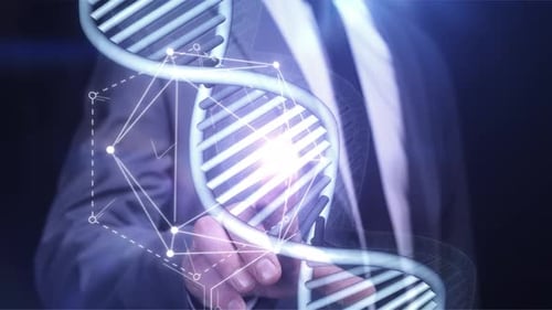 A Man Works On A Virtual Panel With The DNA Structure