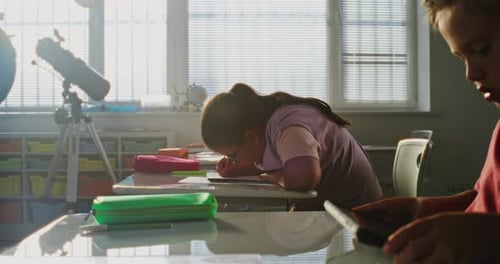 Elementary School Students Sitting at Desks Studying in Modern Classroom