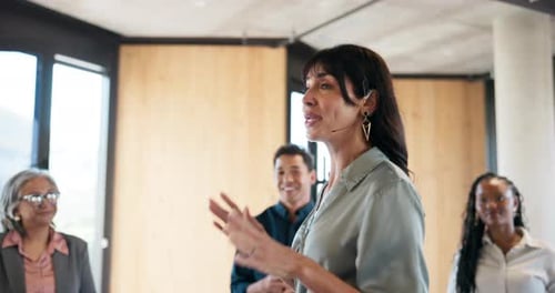 Speaker, workshop and business woman at seminar for motivational speech