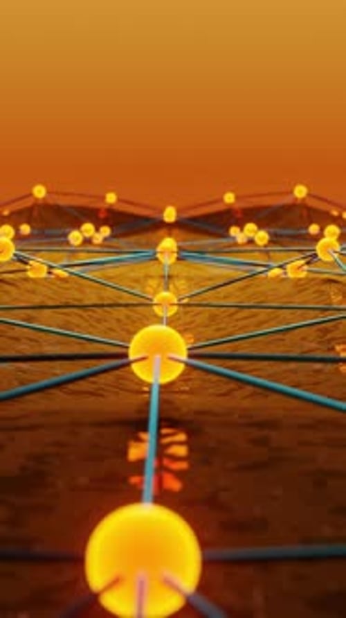 Network of yellow balls on the field with orange background. Looped animation