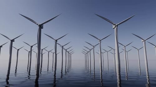 Modern Wind Turbine in Ocean 3D Animation Loop