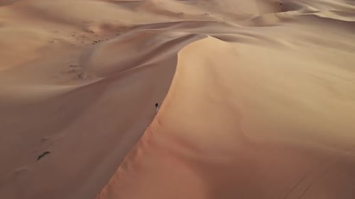 Still aerial view from drone of a walking young man to the top of a dune in Abu Dhabi desert, United