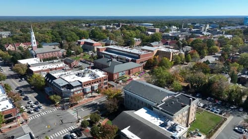 Downtown Chapel Hill, NC. Aerial establishing shot of University of North Carolina college town.