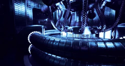 Futuristic Machinery in a Dim Industrial Setting Displays Complex Design