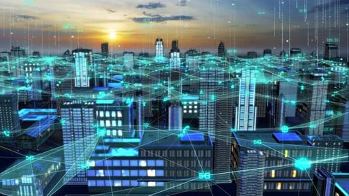Futuristic Smart City Covered in 5G and WiFi Signal Waves