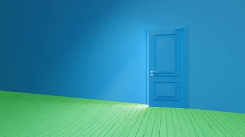 Une porte qui s'ouvre par la lumière révèle un avenir radieux dans une pièce bleue