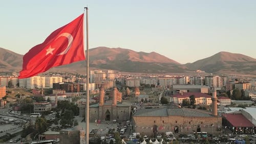 Turkish Flag Wave Over Erzurum City