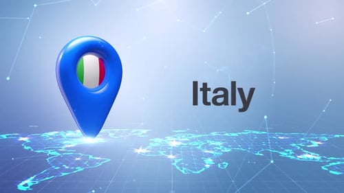 Animated 3D Map Pin with Italian Flag Over Global Network