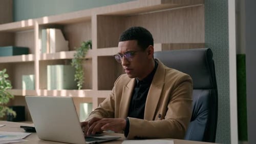 Business Man African American Writer Pensive Entrepreneur Working Laptop in Office Think Consider