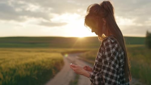 Woman Using Mobile While Standing on Field During Sunset