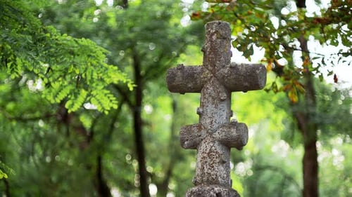 Peaceful Spot Lies Within the Forest Where an Aged Eerie Concrete Cross Stands Amidst a Cemetery It