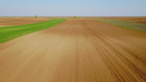 Flight over agricultural arable land fields