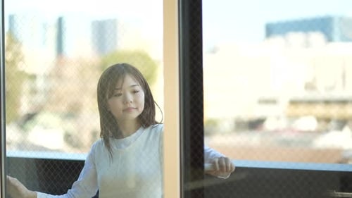 Woman Cleaning Window with Squeegee in Apartment