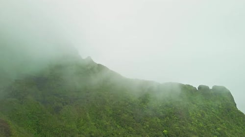 Aerial view of drone approaching fog on a lush green mountain top