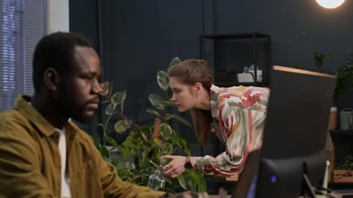 Testeur travaillant sur ordinateur pendant qu'une collègue arrose des plantes dans un bureau informatique