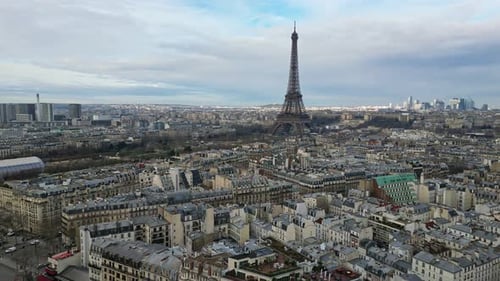 Champ de Mars and Tour Eiffel, Paris in France. Aerial forward and cityscape